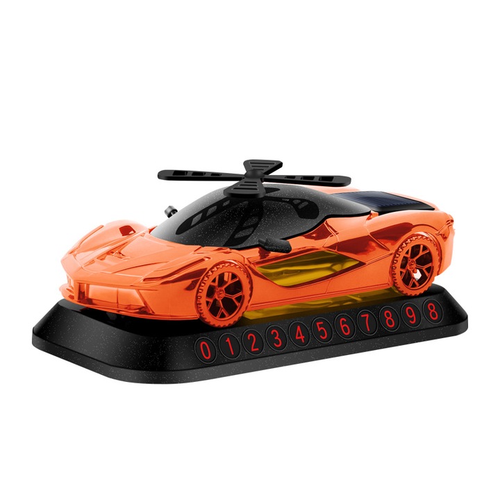 Odorizant auto, functionare solara cu elice, model masina, cu disc de aroma reutilizabil tip aromaterapie, are protectie antiderapanta pentru masina, culoare galbena, greutate 23 grame + un breloc