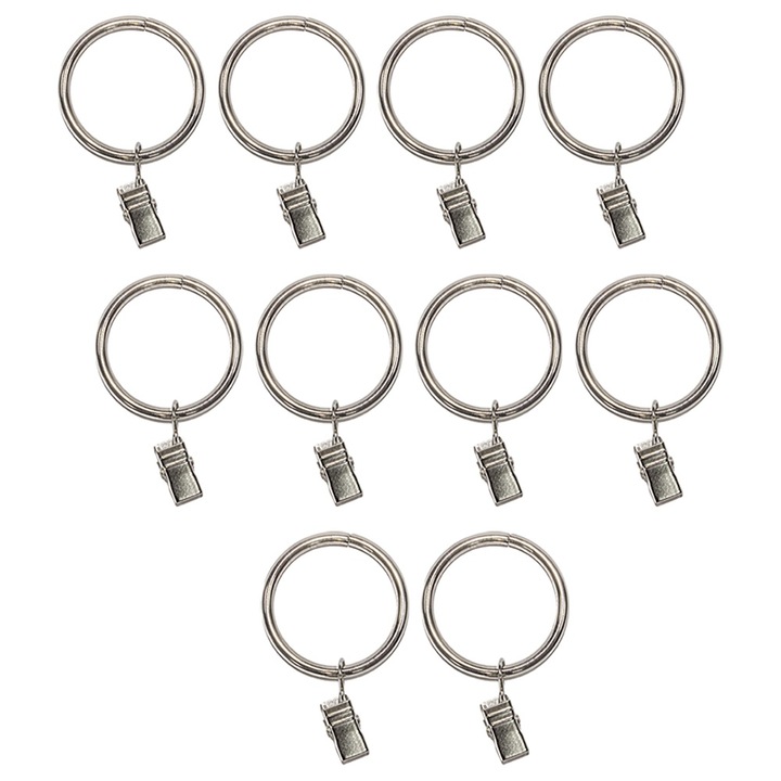 Set 10 inele pentru perdele cu cleme, Usor de instalat, Pentru agatarea si fixarea usoara a perdelelor, Pentru hoteluri, restaurant, bar, 2.5 cm, Metal, Argintiu