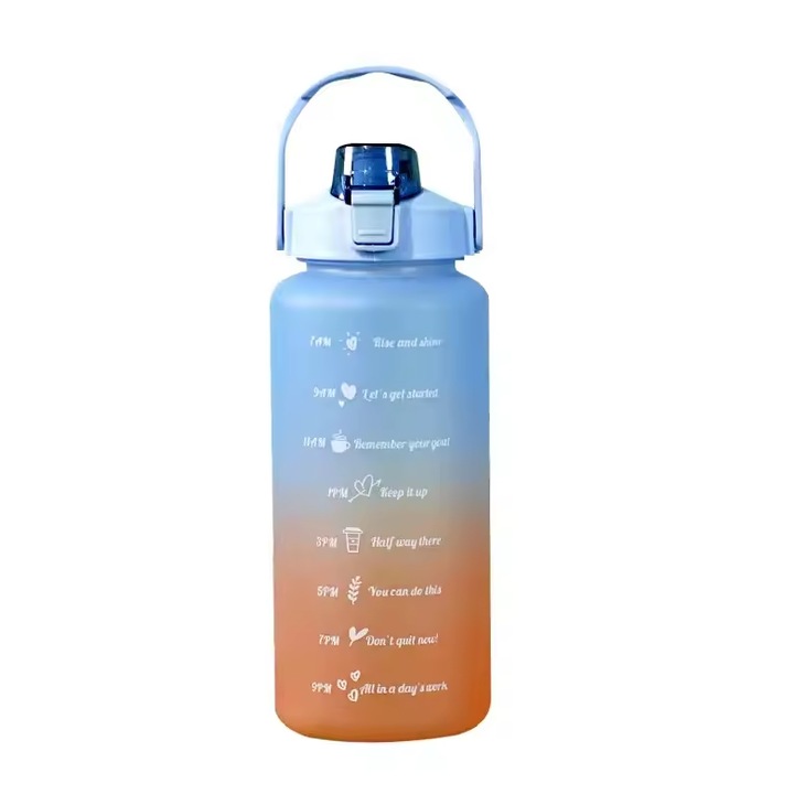 Бутилка за вода със сламка, Zola, голяма, система за заключване на капака, 2000 ml, маркер за време със съобщения, без BPA, издръжлива дръжка, 30 x 10 cm, синьо/оранжево