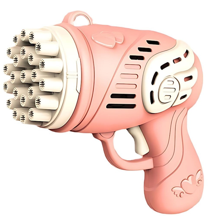 Pistol baloane de sapun SDEPOT®, 23 orificii, cu solutie spuma, 3+, Roz