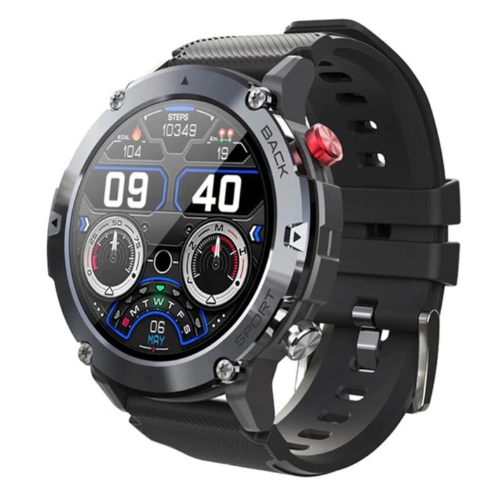 Смарт часовник AMYMAT C21 1.32 инча, мъжки, HD bluetooth разговор, мулти спорт, многоточков пулс, напрежение, кислород, метален корпус, високоговорител, известия, IP68, черен