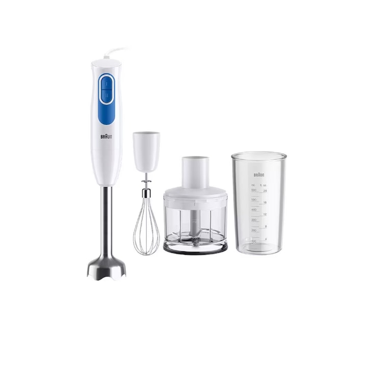 Blender de mana Braun MQ20236MWH, 600 W, 2 viteze, Toator 0.5 l, Pahar 0.6 l Alb/Albastru
