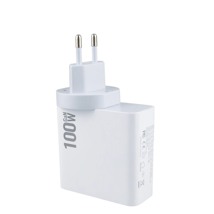 Бързо зарядно устройство GaN 100W с 2 USB-C порта и 2 USB-A порта за бързо зареждане на устройства като лаптопи, мобилни телефони и таблети, със защита от презареждане, свръхток и пренапрежение, Бял цвят