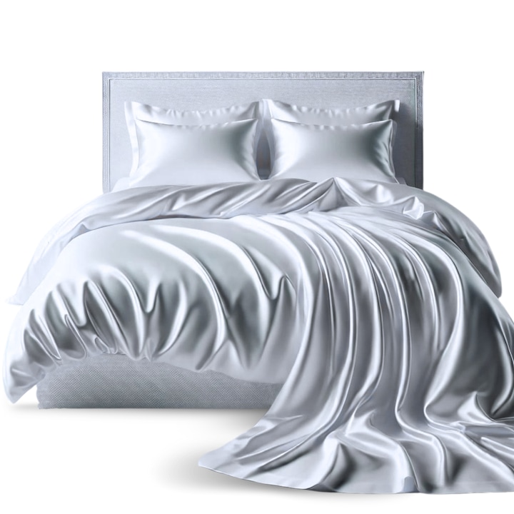 Lenjerie de pat satin premium TIAM store® - cearsaf elastic 135x190 cm + 2 fete de perna 50x70 cm, alb, eleganta si confort pentru dormitor