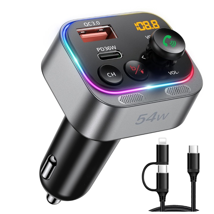 Автомобилен FM модулатор Bluetooth 5.3 LUVLU™, Hi-Fi звук, дълбок бас, супер бързо зареждане 54 W зарядно през USB-C PD 36 W / USB QC 3.0 18 W, околна светлина, FM адаптер за кола, комплект за свободни ръце за кола, включен кабел за зареждане, сив