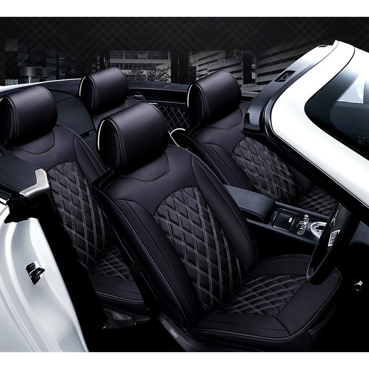 Set Huse Scaune Auto Universale Lux Sport, Piele Ecologica, Negru/Gri, 9 piese