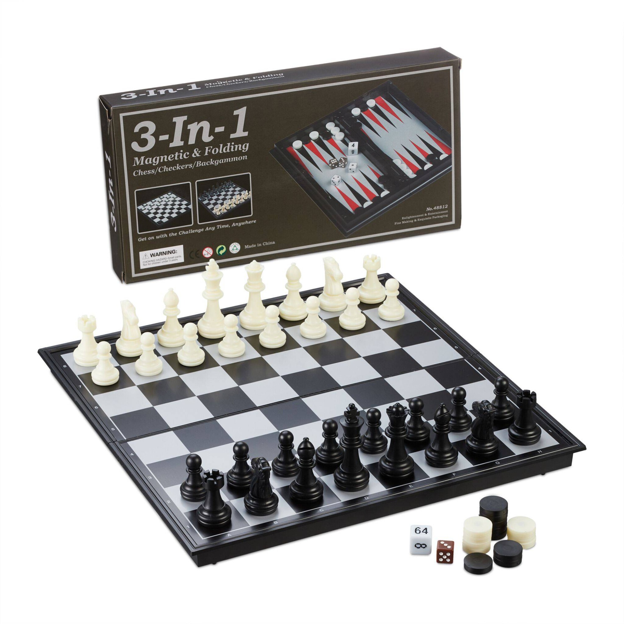 Set 3-in-1 Jocuri Magnetice, Sah, Dame si Table, Placa Pliabila