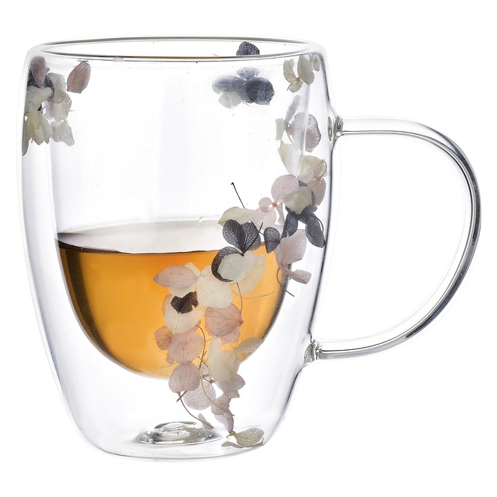 Cana PETER FLOWERS 320ml, sticla borosilicata, design cu flori uscate, 320ml