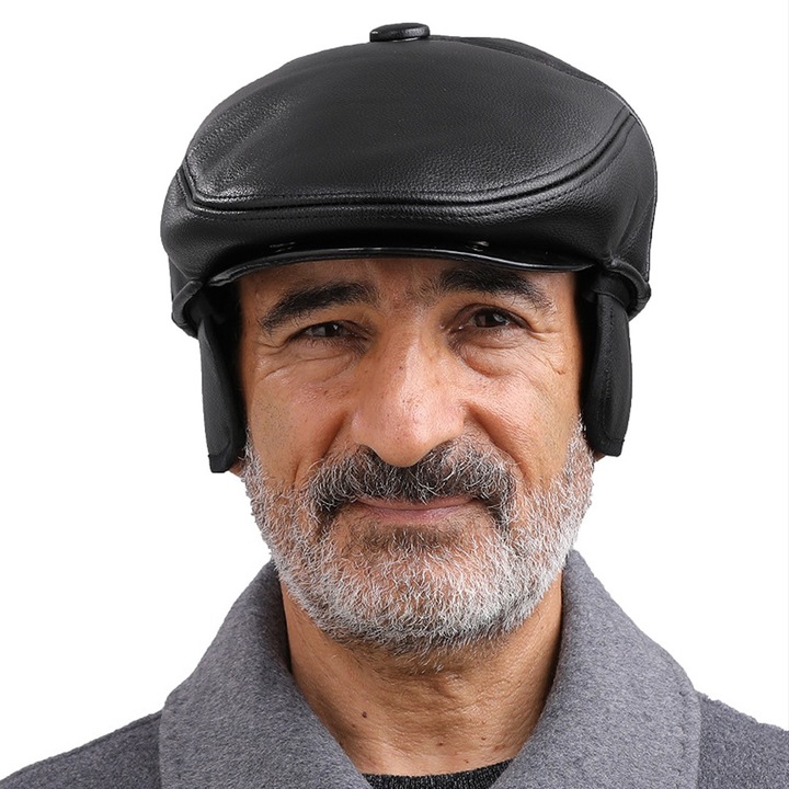 Sapca barbati pentru iarna, Cu clapa de urechi invizibila retractabila, AllizBan®, PU, Marime L, Negru