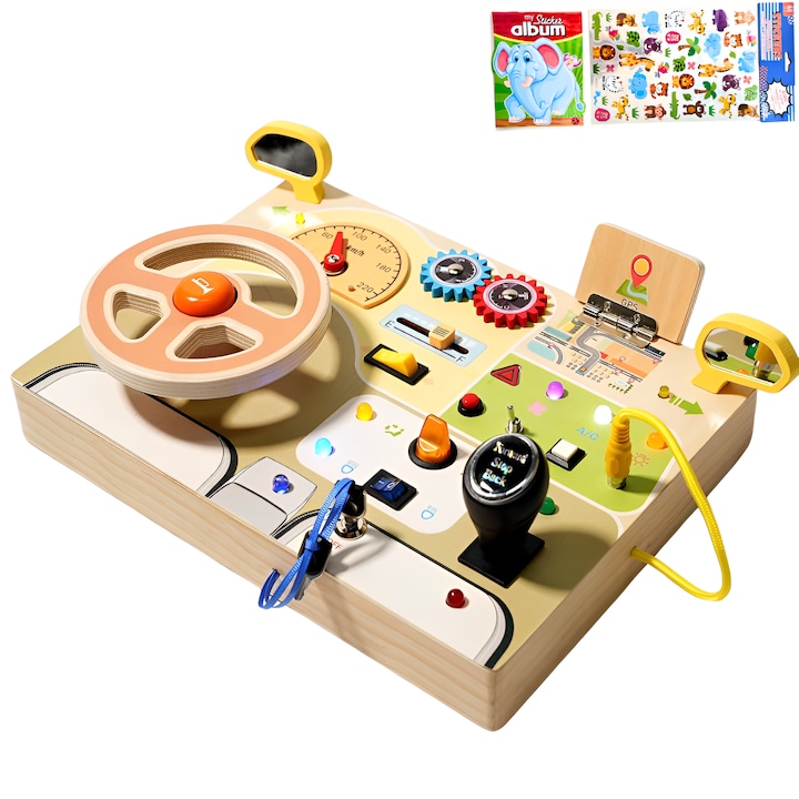 Jucarie Educativa Montessori Din Lemn Cu Lumini LED Tip Placa Senzoriala Pentru Copii Cu Volan, Schimbator, Butoane Senzoriale, Alfabet Multicolor Pe Spate, 30 x 21.84 cm, Design Modern, Calitate Premium