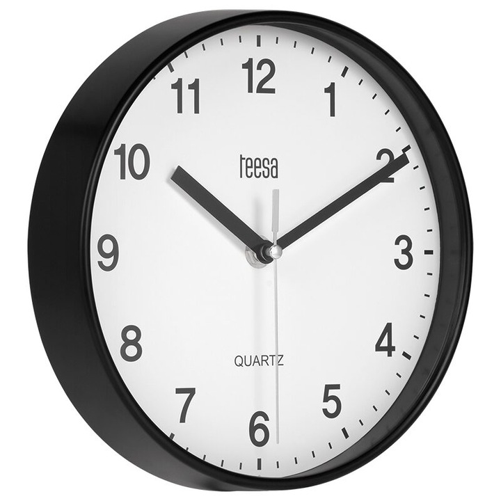 Ceas de perete, mecanism quartz, diametru 20 cm, Negru, 1 x AA