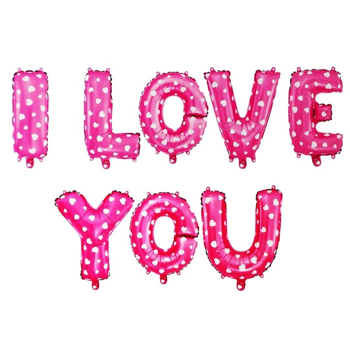 Комплект от 8 балона от метално фолио, фигури с букви, модел I Love You, тема за Свети Валентин, 40 см, индивидуална опаковка, включена сламка, надути с въздух или хелий, розови с бели сърца
