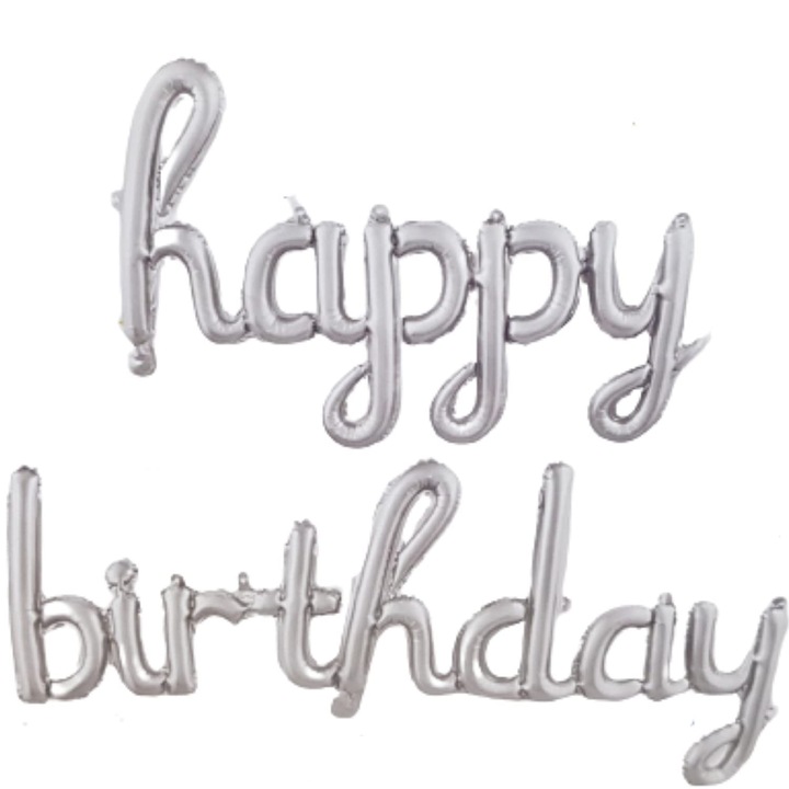 Original - Set 10 Baloane din Folie Metalizata, Southern Sky, Figurine Litere, Model Scris de Mana Happy Birthday, Tema Aniversare, 40 cm, Ambalaj Individual, Pai Inclus, Umflare cu Aer sau Heliu, Argintiu