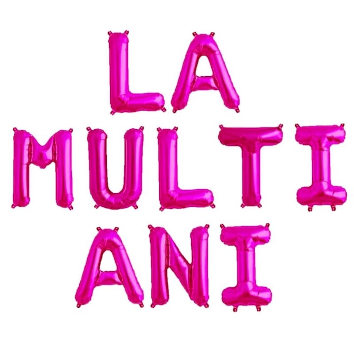 Set 10 Baloane din Folie Metalizata, Leski, Figurine Litere, Model La multi ani, Tema Aniversare, 40 cm, Ambalaj Individual, Pai Inclus, Umflare cu Aer sau Heliu, Roz