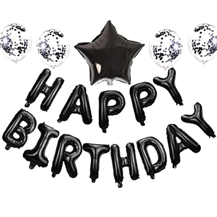 Set 25 de Baloane din Folie Metalizata si Latex, Southern Sky, Figurine 2 Stele, 4 Baloane Confetti, 13 Litere, 6 Latex, Model Happy Birthday, Tema Aniversare, 40 cm, Ambalaj Individual, Pai Inclus, Umflare cu Aer sau Heliu, Negru