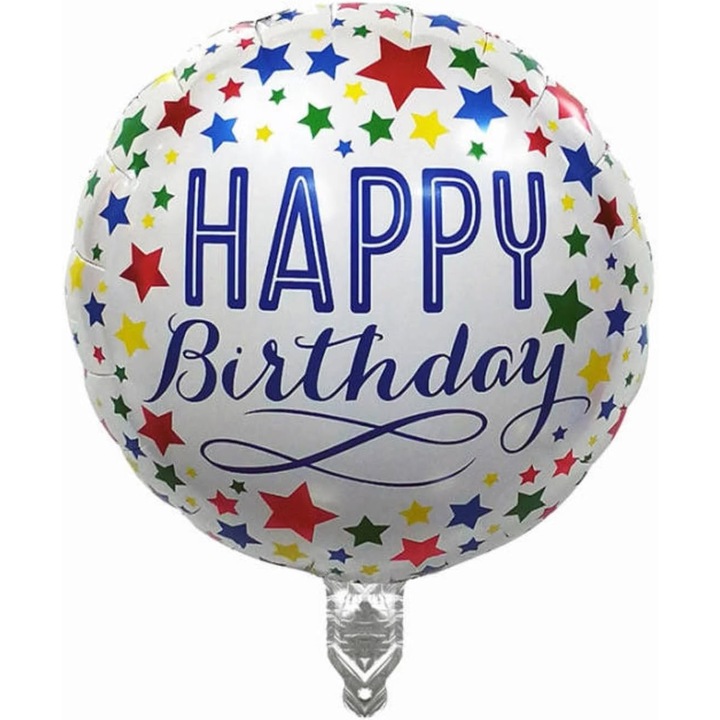 Produs premium - Balon din Pelicula protectie Metalizata, Southern Sky, Mini Figurina Rotunda, Model Happy Birthday, Tema Aniversare, 45 cm, Ambalaj Individual, Pai inclus, Umflare cu Aer sau Heliu, Multicolor