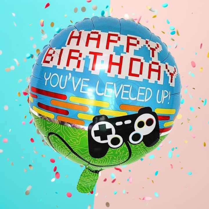 Original - Balon din Folie Metalizata, Southern Sky, Mini Figurina Rotunda, Model Happy Birthday Gamer, Tema Aniversare, 45 cm, Ambalaj Individual, Pai inclus, Umflare cu Aer sau Heliu, Albastru