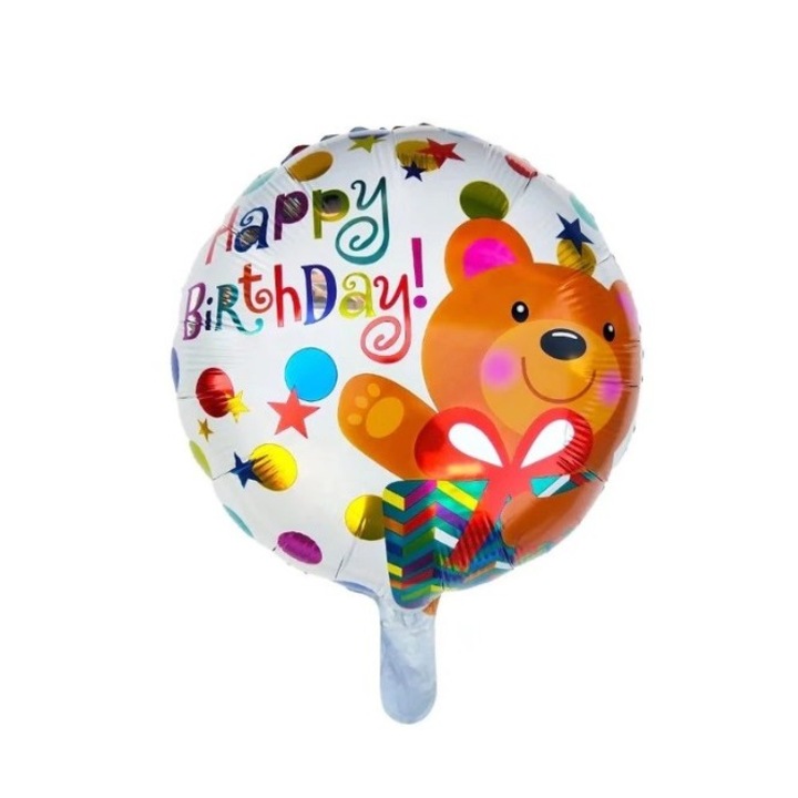 Balon din Folie Metalizata, Leski, Mini Figurina Rotunda, Model Happy Birthday Ursulet, Tema Aniversare, 45 cm, Ambalaj Individual, Pai inclus, Umflare cu Aer sau Heliu, Maro