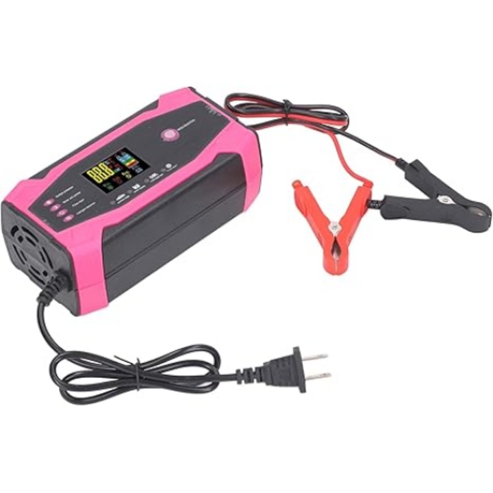 Autós egyenirányító, 12V, 10A, 24V, 5A, intelligens vezérléssel, túlterhelés elleni védelemmel, túlfeszültség, túlmelegedés, LCD képernyő, fekete/rózsaszín