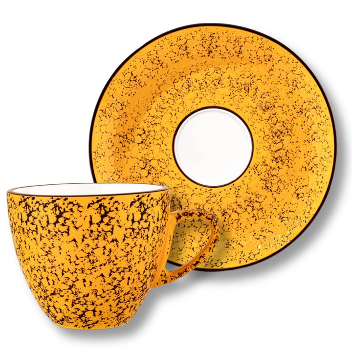 Set cesti cafea lux, Portelan, Galben, 300 ml, Ceasca + Farfurie elegante, pentru cafea, ceai, cappuccino, Colorboom, Wilmax England
