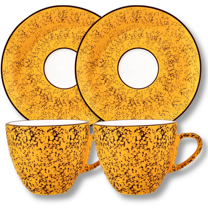 Set cesti cafea lux, Portelan, Galben, 75 ml, 2x Ceasca + 2x Farfurie elegante, cesti espresso, cafea, Colorboom, Wilmax England