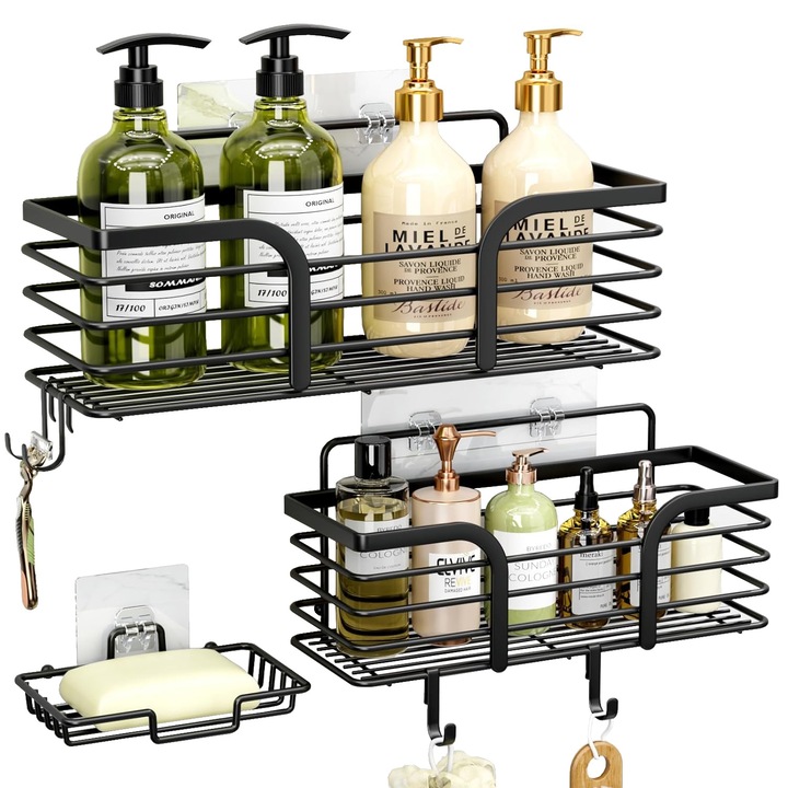 Рафт за душ, рафт за баня, за съхранение в кухнята, органайзер за баня, държач за сапун, лепило, комплект от 3 рафта за душ, черен