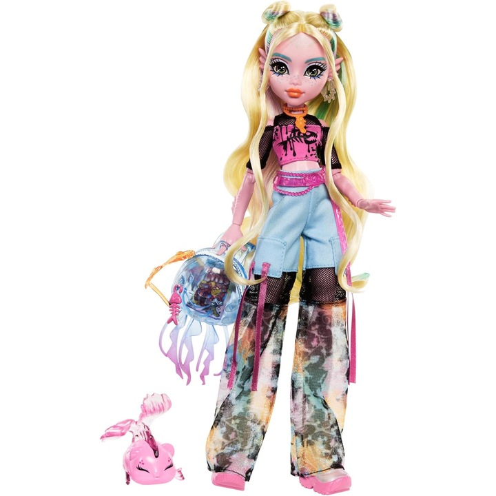 Кукла Monster High, В мрежеста тениска и карго панталони с домашен любимец, Над Нептун и аксесоари, Син