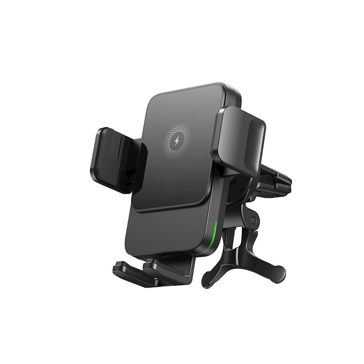 Autós támogatás vezeték nélküli töltéssel 15W, QC. 3,0 PD, szellőzőkapocs, univerzális, 4,7-6,7 hüvelyk, WX041, fekete