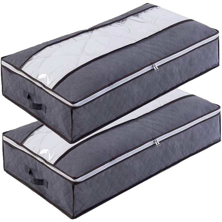 Cutii depozitare sub pat, AMRINUGL, set 75L, material acril, cu capac, transparente, foldabile