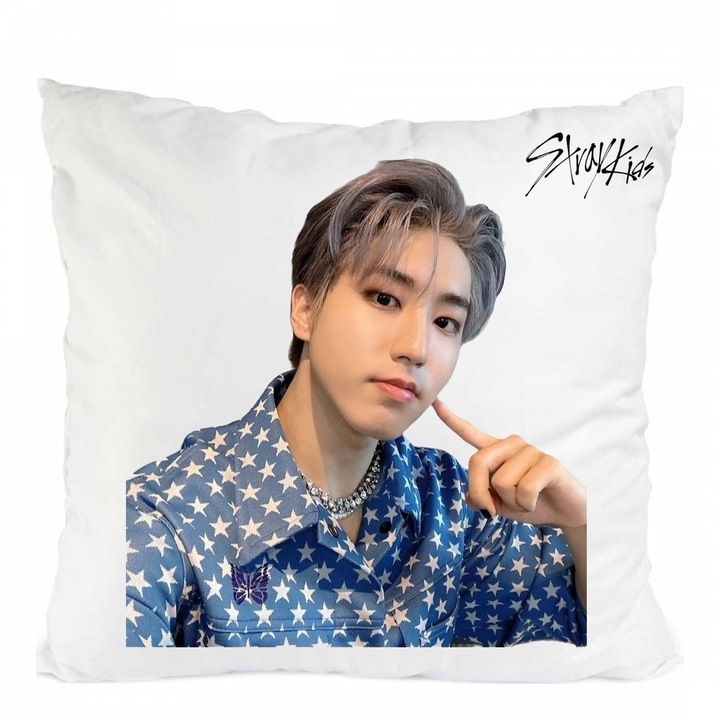 Személyre szabott párna Stray Kids Han Kpop Stay, poliészter, fehér, 40 x 40 cm