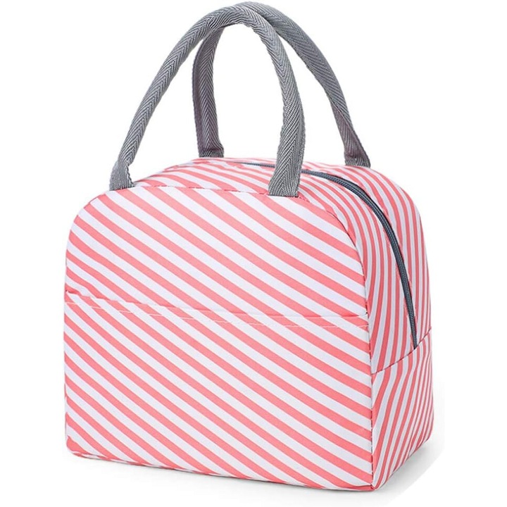 Двулицева термоизолираща чанта Enforose, водоустойчив дизайн, поддържа температура над 3 часа, розова на райета, с капак.