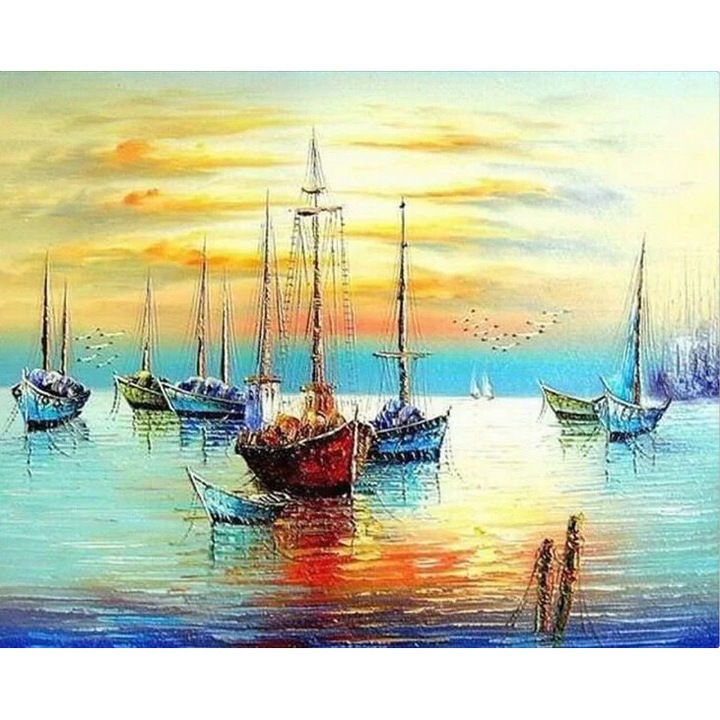 Set pictura pe numere, cu sasiu, Barci in port, 40x50 cm