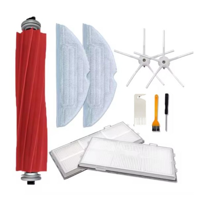 Комплект комплект 10 аксесоара Roborock S7, S7+, S7 Max Ultra, S7 MaxV, S7 MaxV Plus, S70, S75, T7S, прахосмукачка робот, 1 основна барабанна четка, 2 бели странични четки, 2 микрофибърни кърпи, 2 HEPA филтъра, инструменти за обмяна и почистване