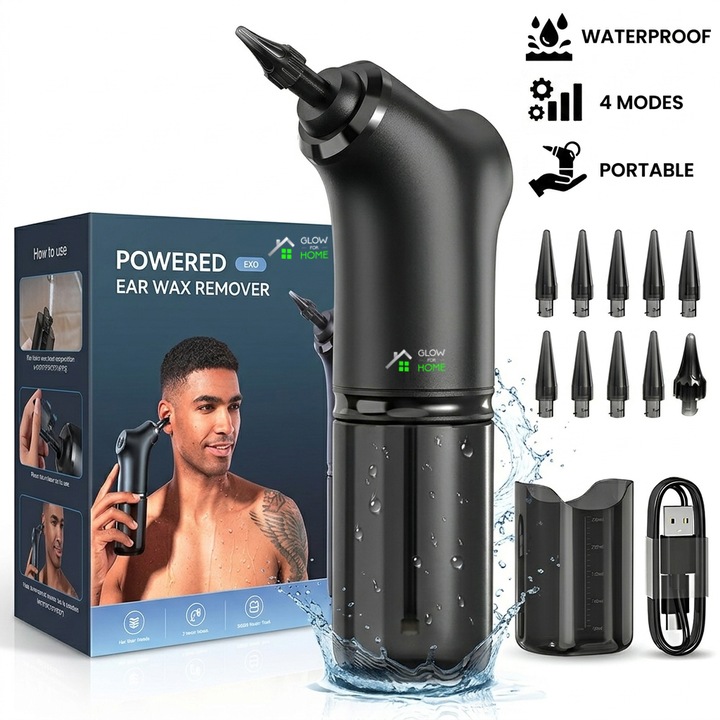 Aparat portabil pentru curatat urechile, GlowforHome, Indeparteaza eficient ceara din ureche, 4 moduri de curatare, Kit 10 duze de scos cerumenul, rezistent la apa, acumulator Incarcare USB, LED, Capacitate 250 ml, pentru Adulti/Copii, negru
