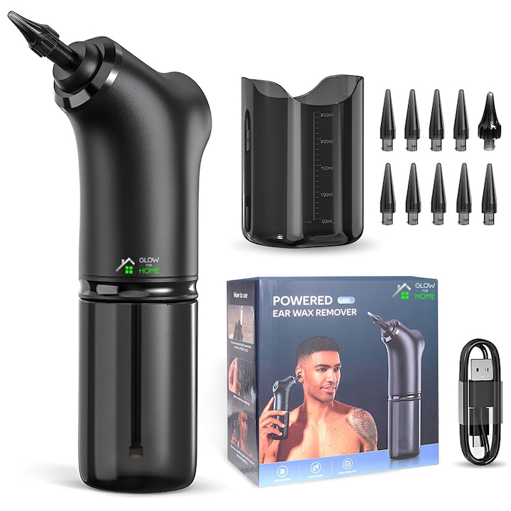 Aparat portabil pentru curatat urechile, GlowforHome, Indeparteaza eficient ceara din ureche, 4 moduri de curatare, Kit 10 duze de scos cerumenul, rezistent la apa, acumulator Incarcare USB, LED, Capacitate 250 ml, pentru Adulti/Copii, negru