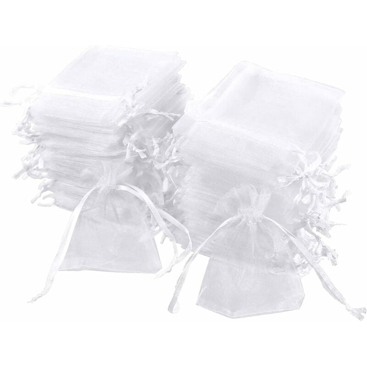 Pungi cadou din organza, Enforose, set 100 buc, alb, 7x9cm, pentru bijuterii si petale uscate