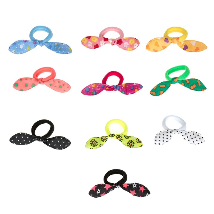 Set 10 elastice de par Shopiens® pentru fetite, de diferite culori cu fundite colorate