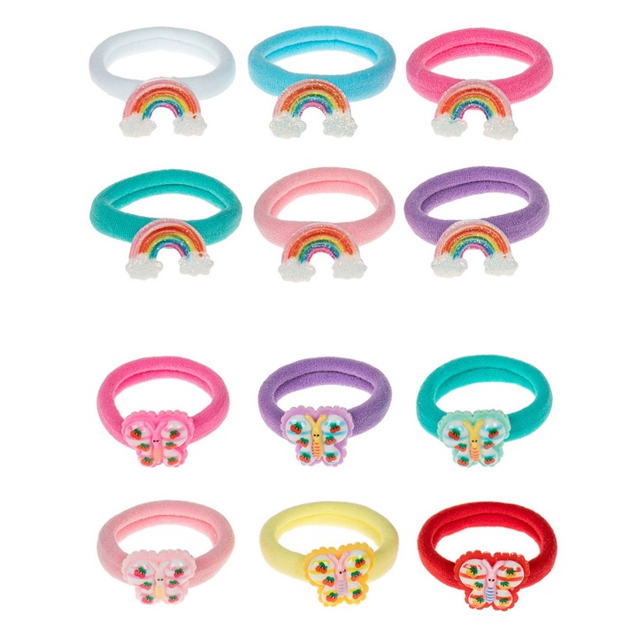 Set 12 elastice de par Shopiens® pentru fetite, de diferite culori cu model curcubeu cu glitter si fluturi