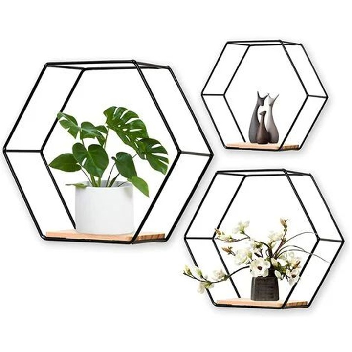 Rafturi flotante hexagonale din metal negru, set de 3, design modern, durabilitate ridicata, optimizare a spatiului