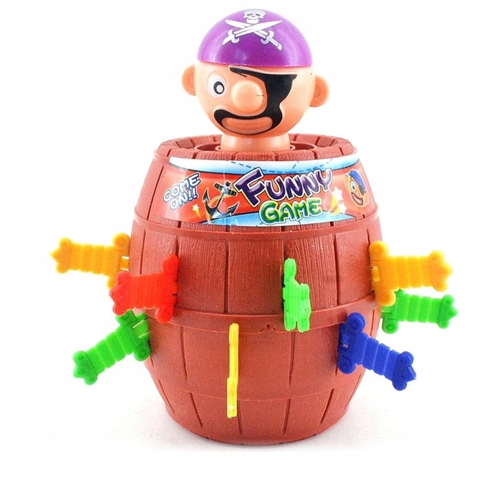 Joc distractiv pentru copii, Piccolo, butoi cu pirat si 16 sabii multicolore, 2-4 jucatori, din plastic, 9x6 cm, multikolor