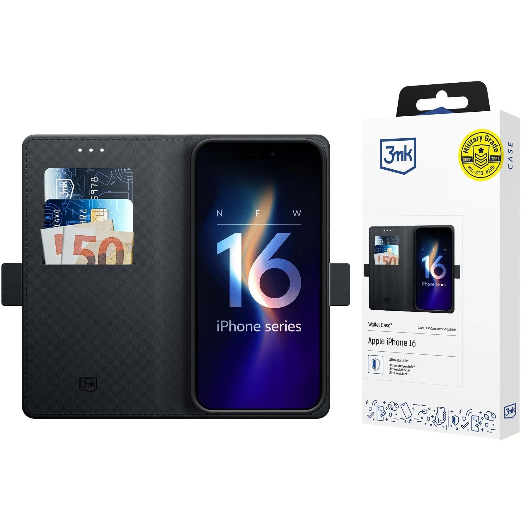 Husa de protectie 3mk Wallet Case pentru iPhone 16, Negru