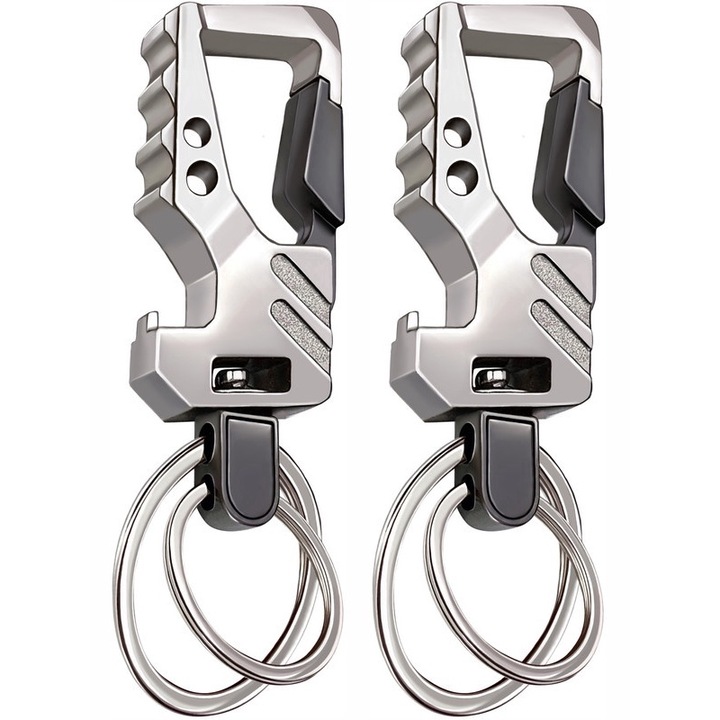 2 db dupla gyűrűs kulcstartó készlet, GABOX, Nagy szilárdságú kulcsszervező palacknyitó funkcióval, autós kulcstartó, karabineres kulcstartó, Ajándék férfiaknak nőknek, ezüst/fekete színben