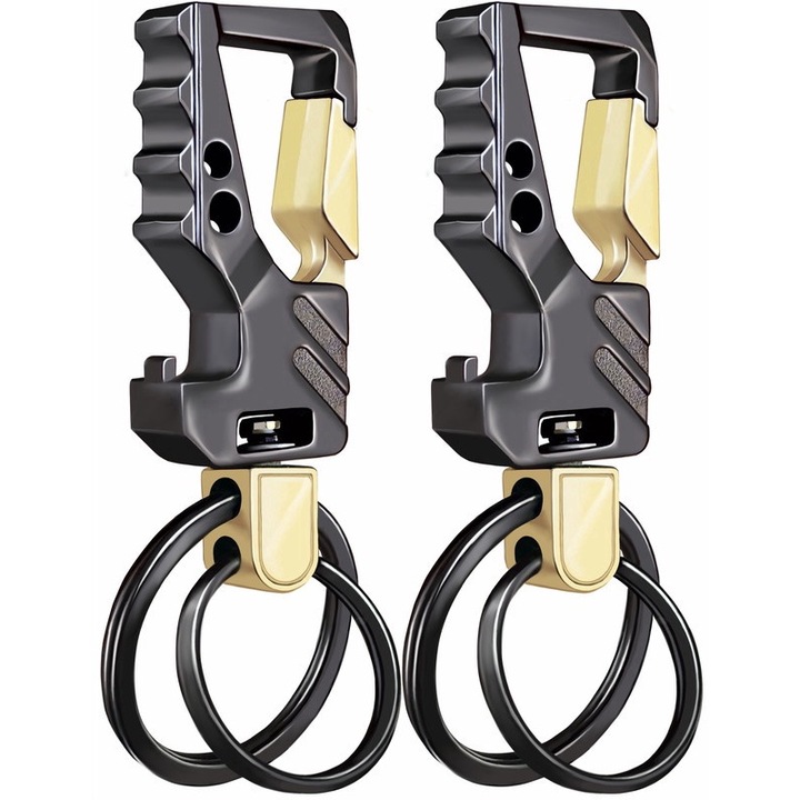 2 db dupla gyűrűs kulcstartó készlet, GABOX, Nagy szilárdságú kulcsszervező palacknyitó funkcióval, autós kulcstartó, karabineres kulcstartó, Ajándék férfiaknak nőknek, arany/fekete színben