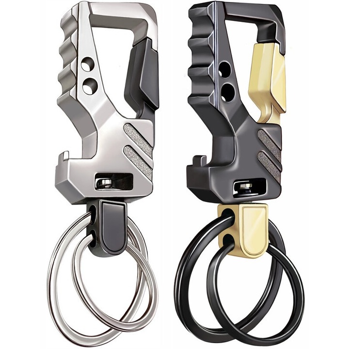 Set de 2 brelocuri cu inele duble, GABOX, Organizator de chei rezistenta ridicata cu functie de deschizator de sticle, Suport cheie auto, Breloc cu carabinier, Aliaj de zinc, Inchidere cu carlig Snap, Cadouri pentru barbati femei, Multicolor