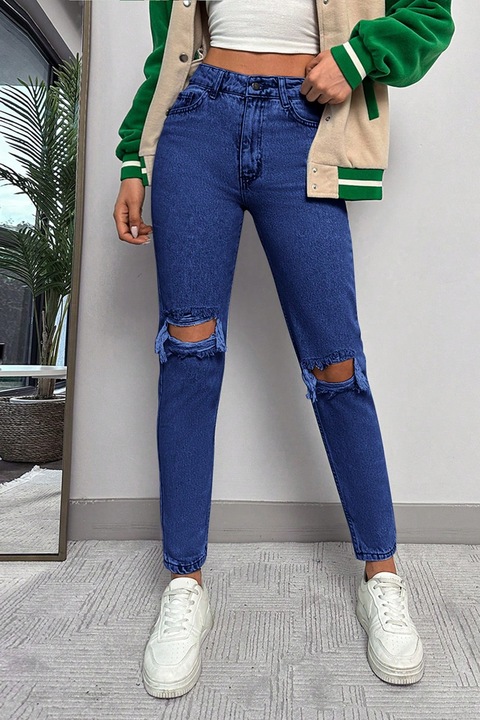 Blugi Dama, Ripped Skinny Jeans, cu Talie Inalta Si Rupturi, Albastru Inchis, 34 EU