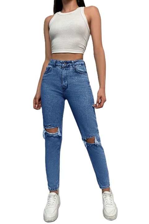 Blugi Dama, Ripped Skinny Jeans, cu Talie Inalta Si Rupturi, Albastru deschis