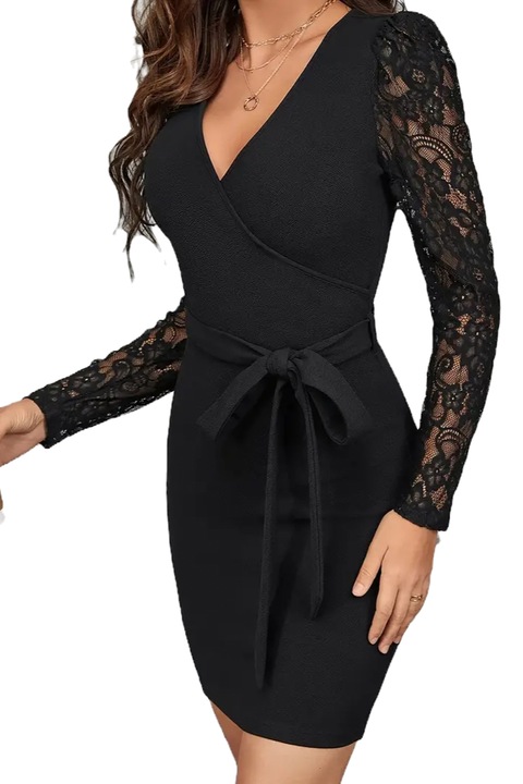 Rochie scurta cu maneci din dantela, cordon in talie, decolteu in V