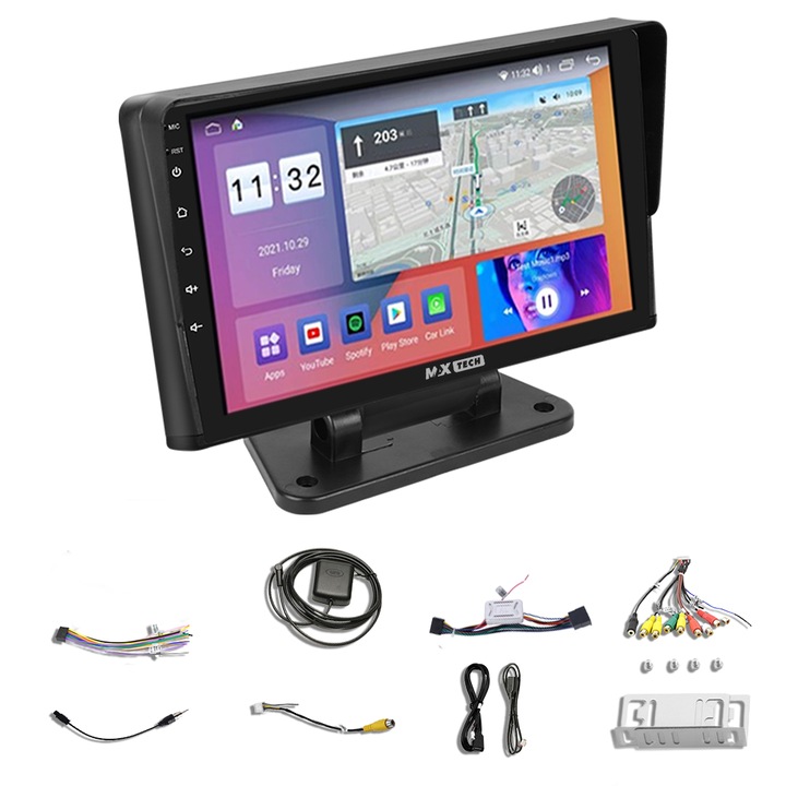 Navigatie auto 2 din universala 12V si 24V Android cu rama suport MaxTech®, Android 13, display de 10 inch, 2 GB Ram 32 GB functii GPS, Carplay, WIFI, Radio, Bluetooth, Waze, TouchScreen, Mrrorlink