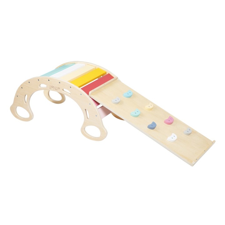 Leagan Montessori din lemn 5 in1 cu o tabla cu doua fete - MULTICOLOR