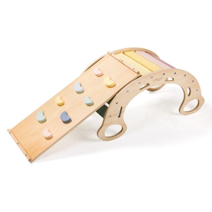 Leagan Montessori din lemn 5 in1 cu o tabla cu doua fete - PASTEL